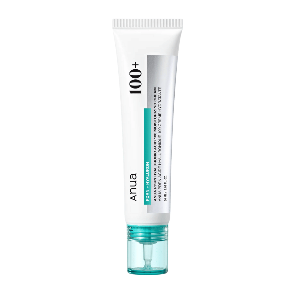 Product image of Anua PDRN Hyaluronic Acid 100 Moisturizing Cream in a white tube with turquoise detail – Korean face cream for deep hydration.