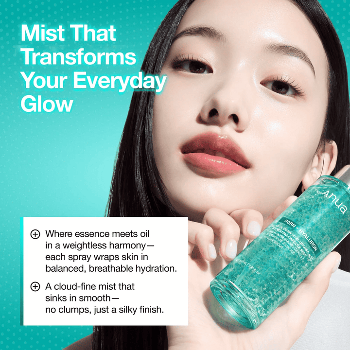 A model holds the product close to the face. The image emphasizes the glow effect and how the mist provides a fresh, hydrated finish even over makeup.