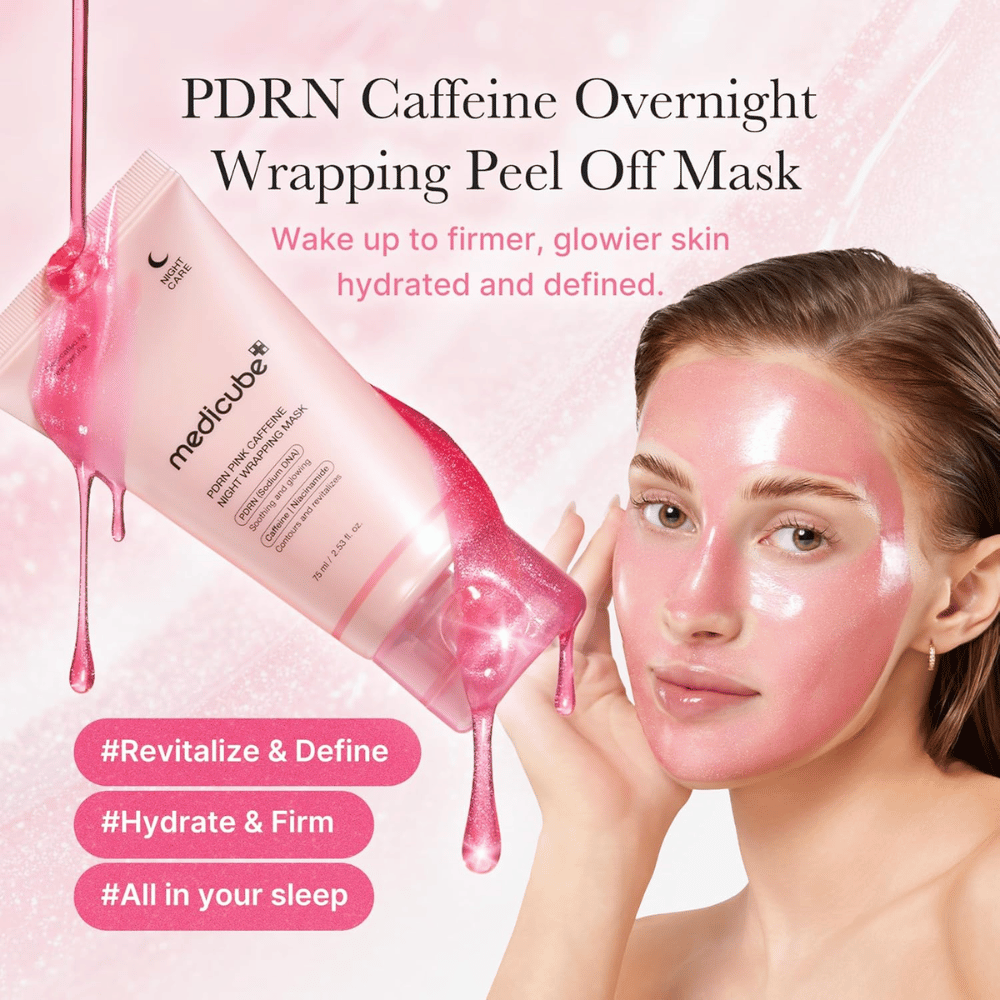 Medicube PDRN Pink Caffeine Night Wrapping Mask – pink peel-off sleeping mask with PDRN and caffeine for hydration, radiance, and a firmer feel.
