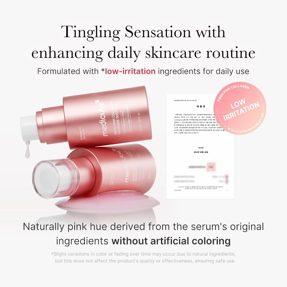 Medicube PDRN Pink Collagen Exosome Shot 2000 with information about low irritation. The product has a naturally pink color from the ingredients and is developed for daily use with a gentle feel on the skin.