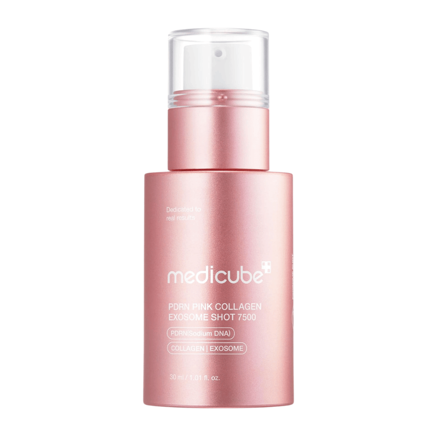 Product image of Medicube PDRN Pink Collagen Exosome Shot 7500 in a pink bottle against a light background. A serum with PDRN, collagen, and exosomes developed for skincare focused on radiance, hydration, and skin renewal.