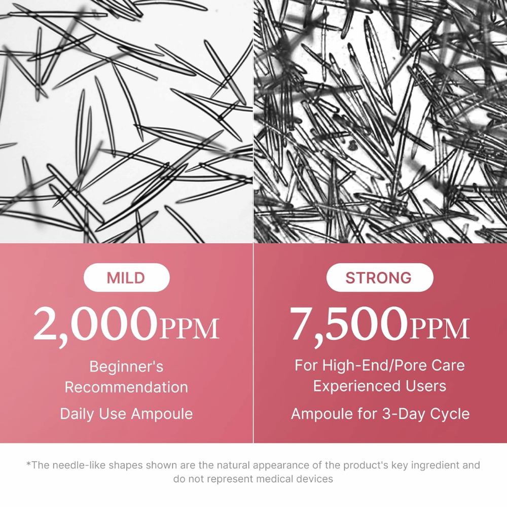 Comparison image showing the concentration of microneedle-like ingredients in Medicube PDRN Pink Collagen Exosome Shot. 2,000 ppm is recommended for daily use and beginners, while 7,500 ppm is tailored for experienced users and intensive pore care.