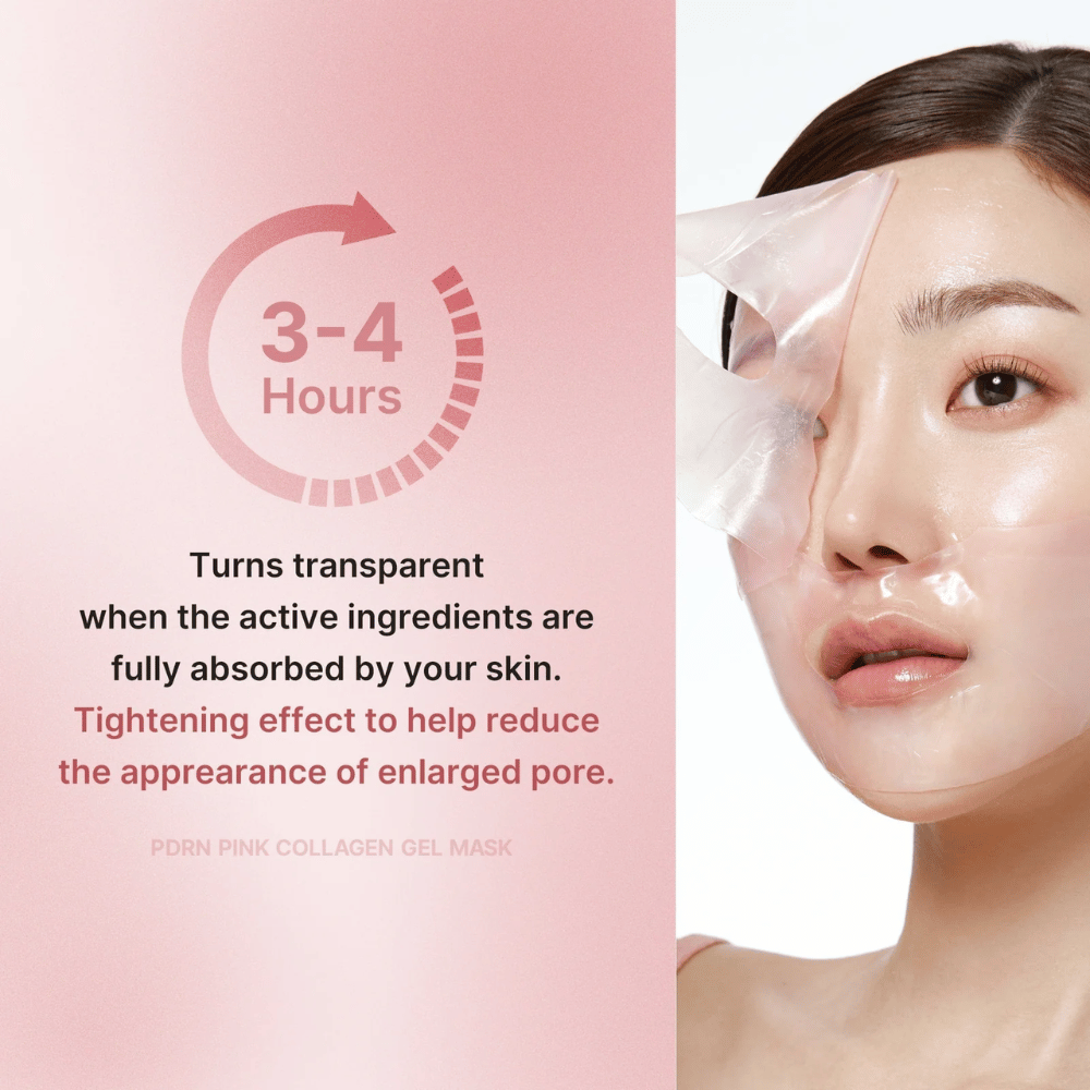 Medicube PDRN Pink Collagen Gel Mask with instructions to wear the mask for 3-4 hours until it becomes transparent. The mask absorbs active ingredients and tightens the skin to reduce visible pores.
