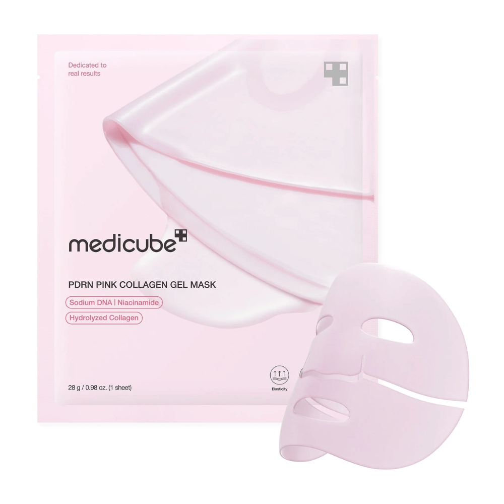 A light pink package of medicube PDRN Pink Collagen Gel Mask with a transparent gel mask beside it. Contains ingredients like Sodium DNA, Niacinamide, and Hydrolyzed Collagen for elasticity and hydration.
