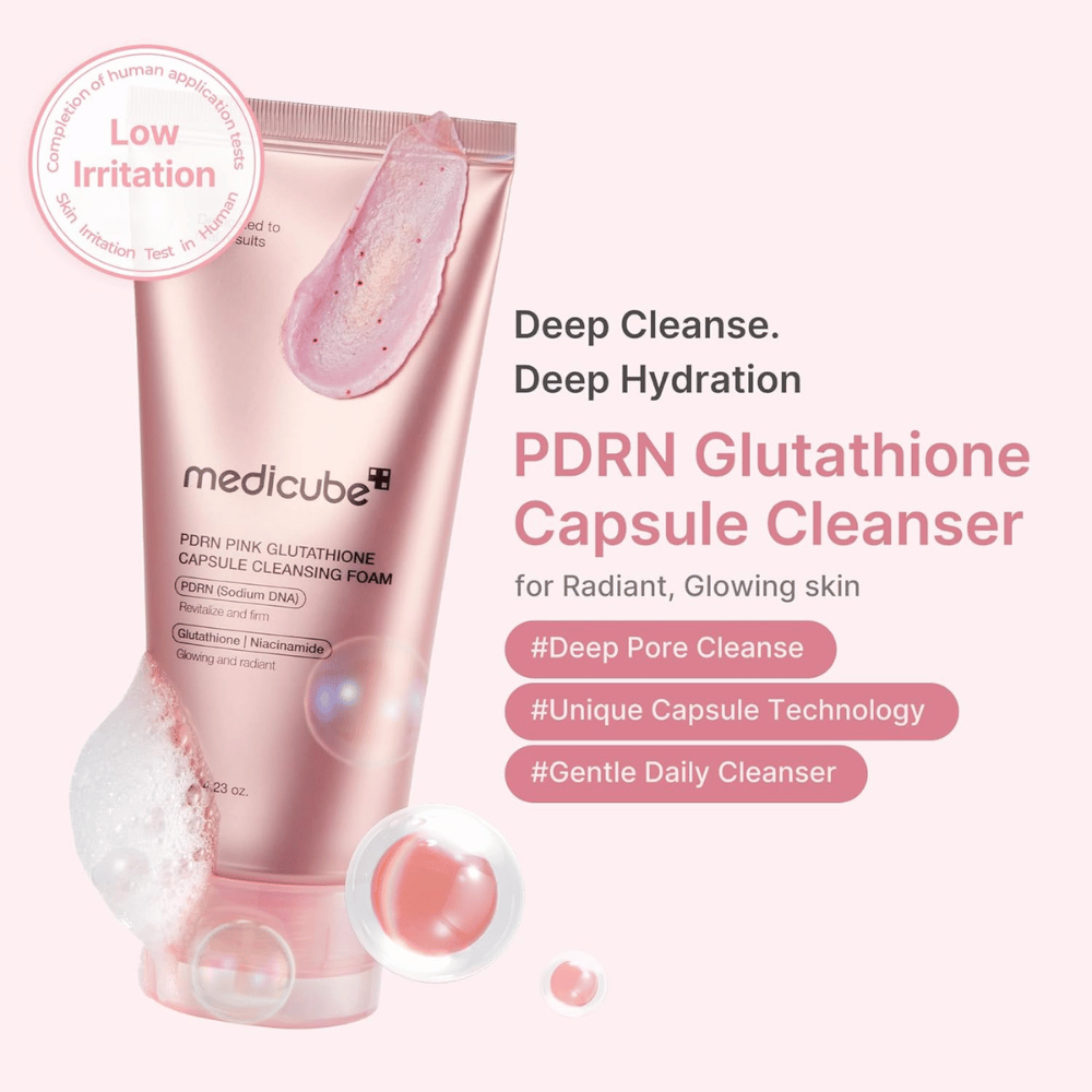 Medicube PDRN Pink Glutathione Capsule Cleansing Foam with low irritation for daily cleansing and clearer skin with a natural glow