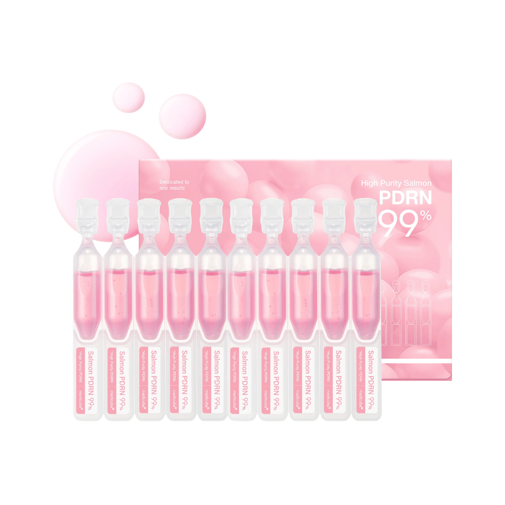 Medicube PDRN Pink One Day Serum Set with ten individual ampoules and product packaging. The set contains serum with 99% highly refined salmon-PDRN for hydration, radiance, and daily skincare.