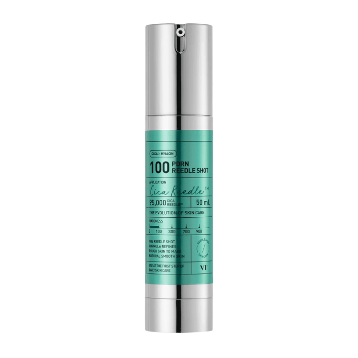 VT Cosmetics PDRN Reedle Shot 100 bottle with minimalist design and active formula to improve skin texture, radiance, and elasticity