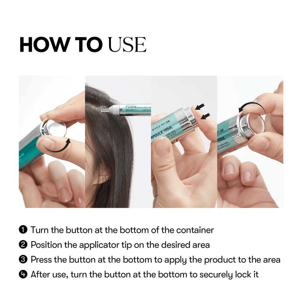 Step-by-step image showing how PDRN Reedle Shot Hair Ampoule 100dL is applied to the scalp with twist and press function for precise and hygienic dosing.