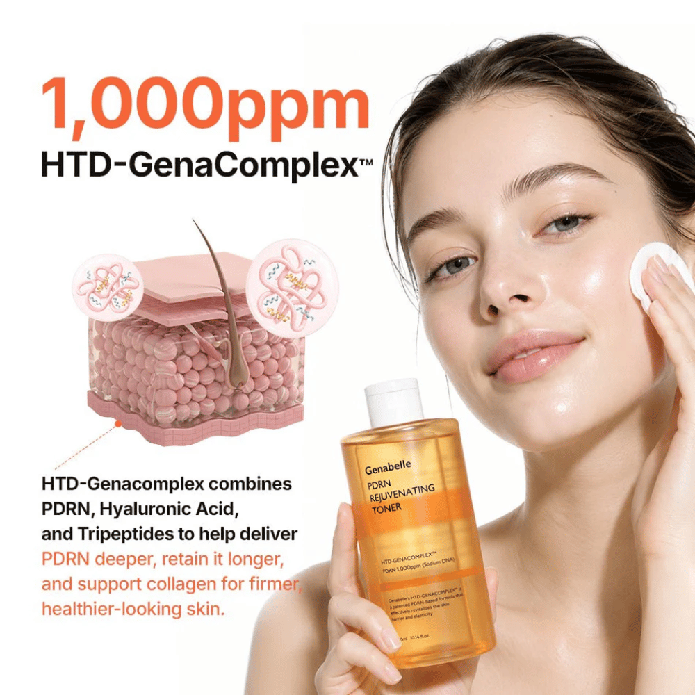 Genabelle PDRN Rejuvenating Toner with HTD-GenaComplex, PDRN, hyaluronic acid, and peptides that hydrate and improve the skin's elasticity.