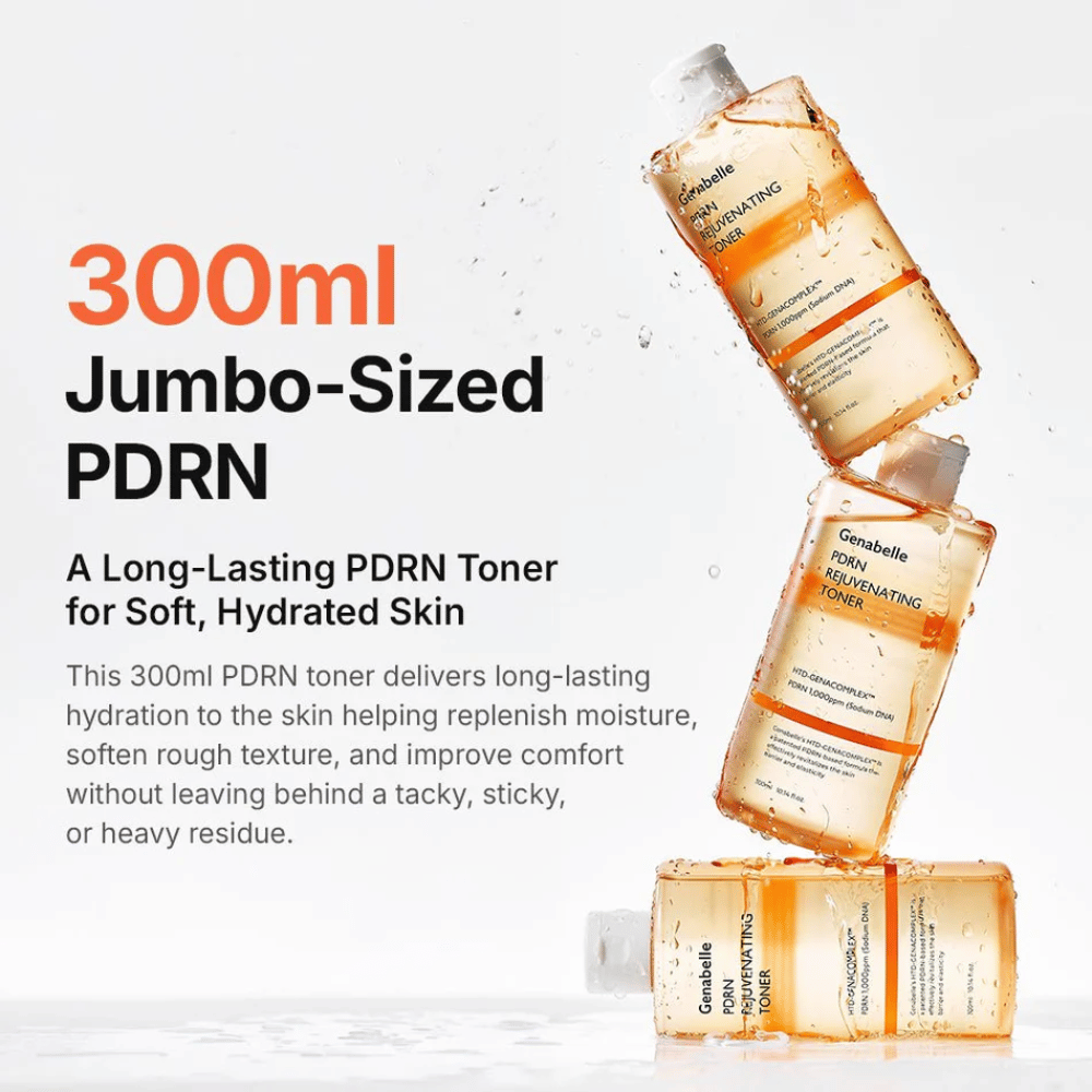 Genabelle PDRN Rejuvenating Toner 300 ml with PDRN that provides long-lasting hydration, softer skin, and a fresh skin feel without stickiness.