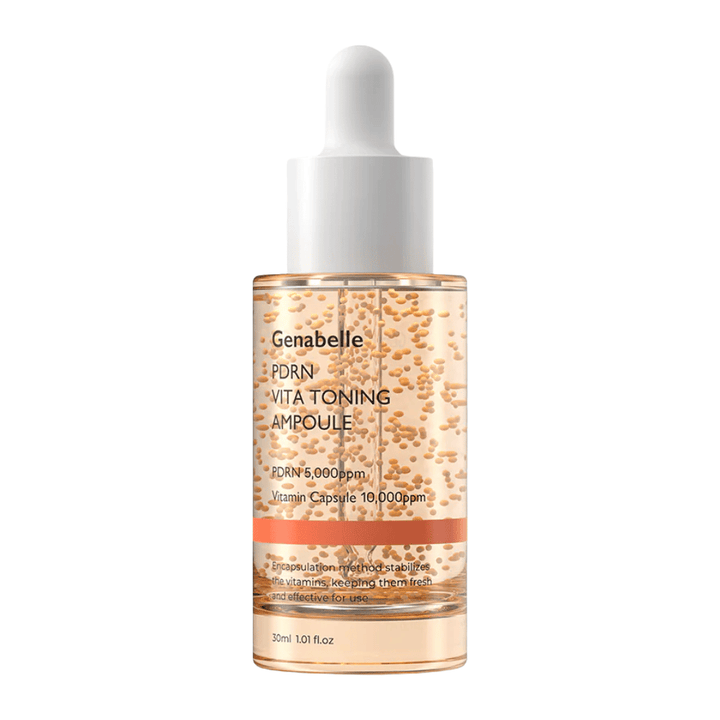 Cutout product image of Genabelle PDRN Vita Toning Ampoule in a transparent glass bottle with white dropper caps and visible vitamin capsules in the serum formula.