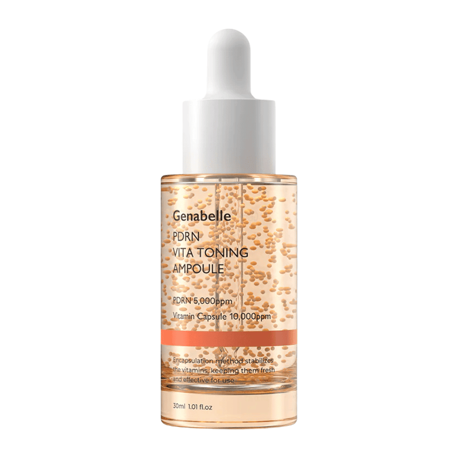 Cutout product image of Genabelle PDRN Vita Toning Ampoule in a transparent glass bottle with white dropper caps and visible vitamin capsules in the serum formula.