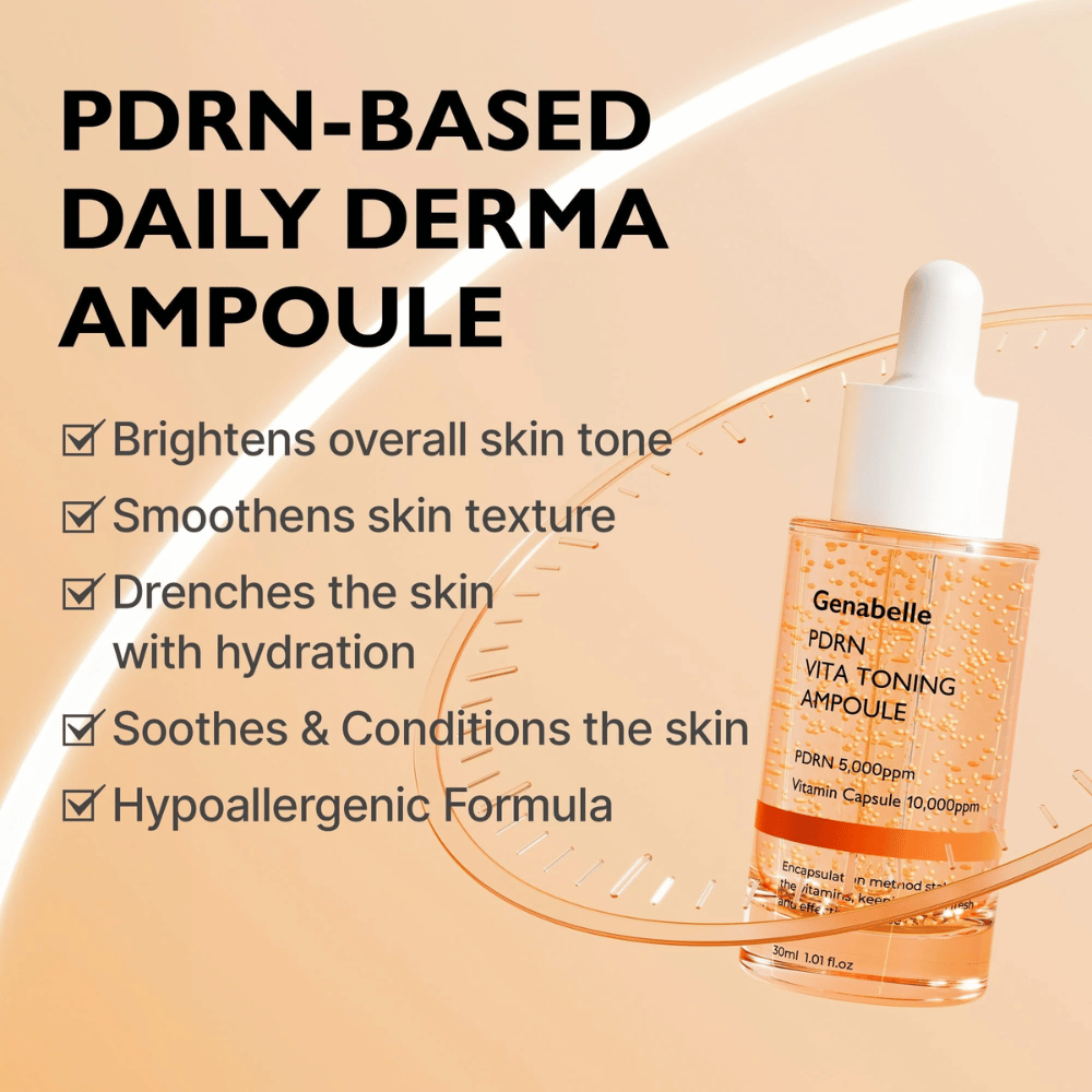 Product image of Genabelle PDRN Vita Toning Ampoule with text about hydration, more even skin tone, and soothing properties for sensitive skin with a hypoallergenic formula.