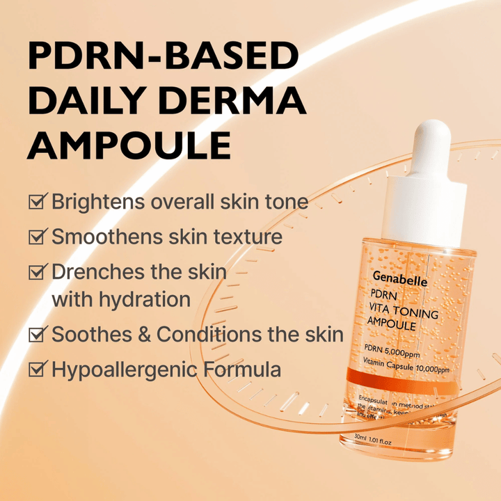 Product image of Genabelle PDRN Vita Toning Ampoule with text about hydration, more even skin tone, and soothing properties for sensitive skin with a hypoallergenic formula.