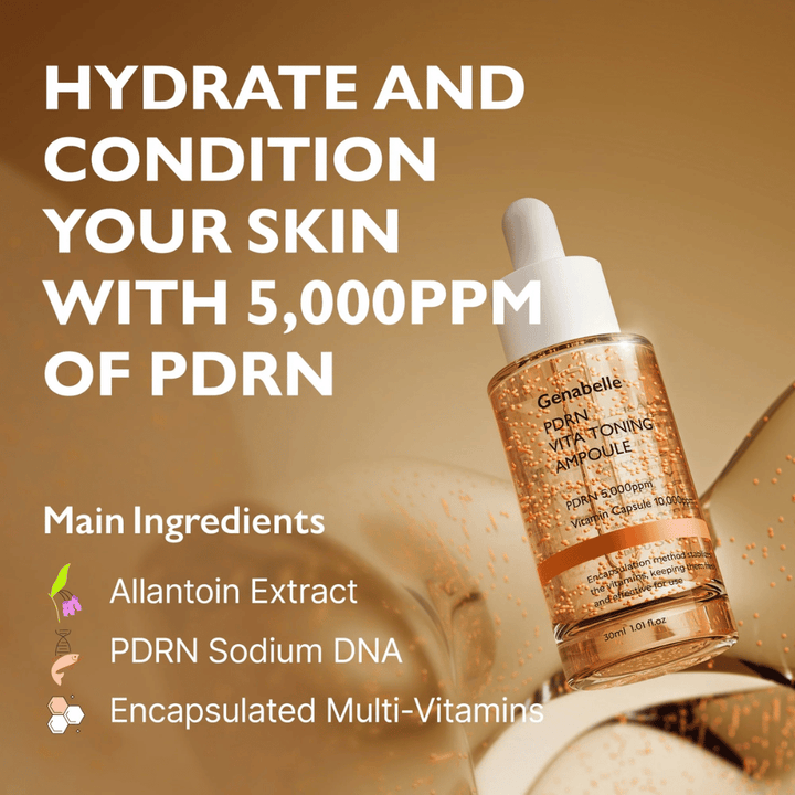 Promotional image for Genabelle PDRN Vita Toning Ampoule focusing on hydration and PDRN 5000 ppm, as well as ingredients like vitamin capsules and Sodium DNA for glow and skincare.