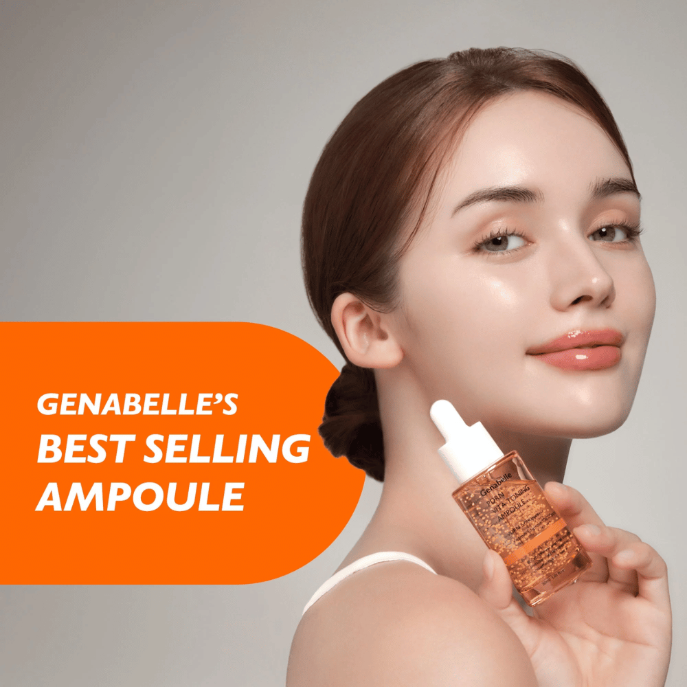 A model holds Genabelle PDRN Vita Toning Ampoule next to her face with a focus on glow, radiance, and hydrated skin from a Korean serum with vitamin capsules and PDRN.