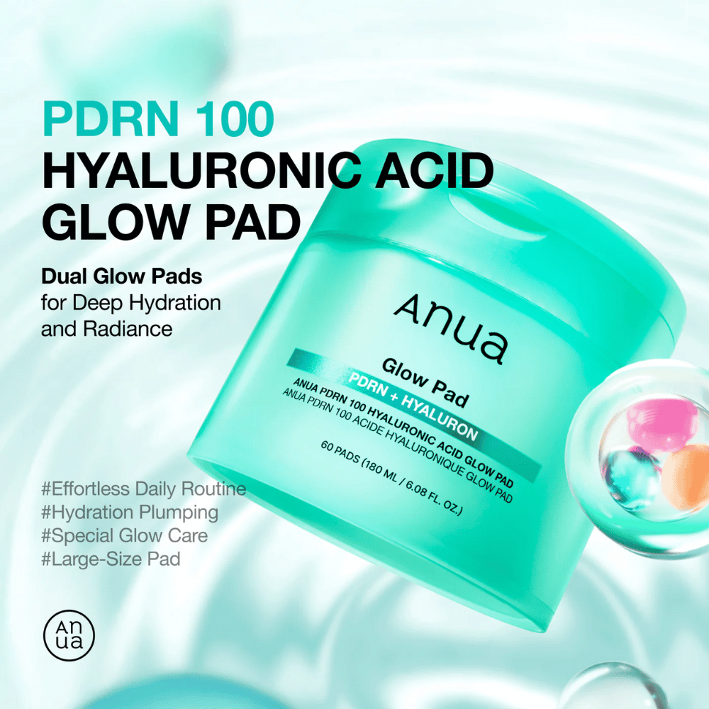 Anua PDRN 100 Hyaluronic Acid Glow Pad in turquoise jar with text highlighting moisture, glow, and large pad size – designed for daily hydration and radiance.