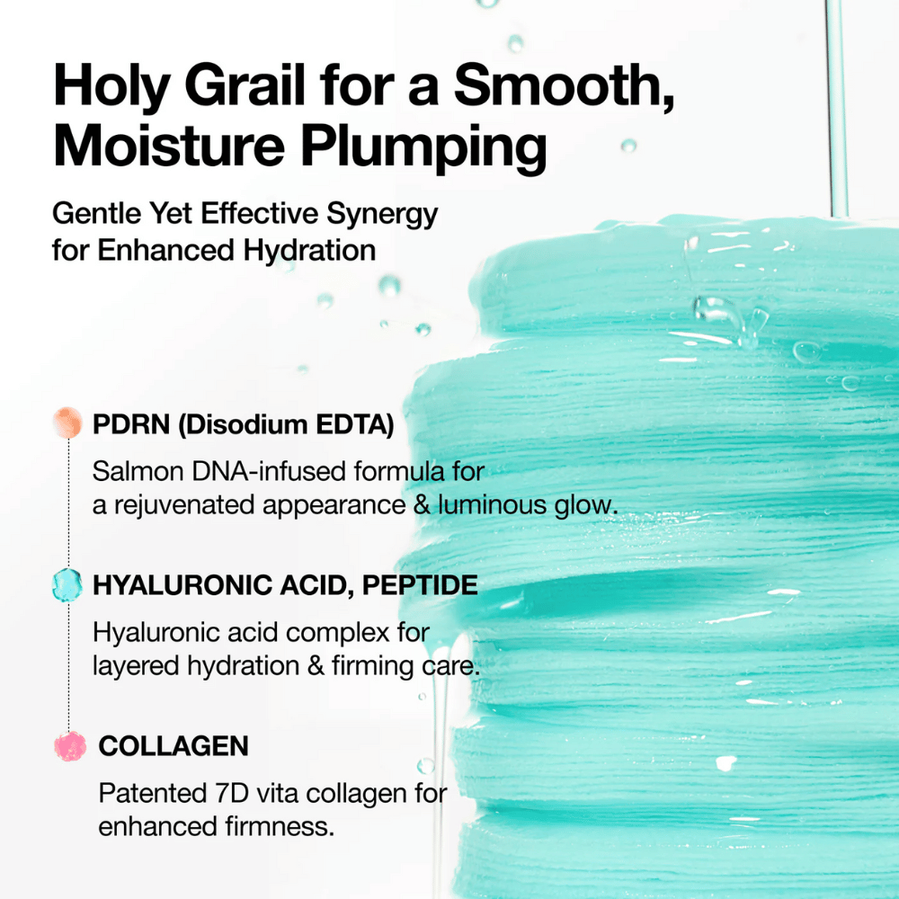 Blue toner pads drsoaked in moisturizing essence with text about ingredients: PDRN (salmon DNA), hyaluronic acid, peptides, and collagen – designed for hydration, radiance, and firmer skin.