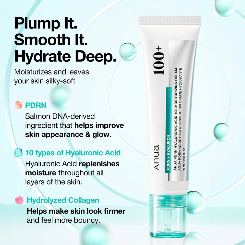 Anua PDRN Hyaluronic Acid 100 Moisturizing Cream with hyaluronic acid, PDRN and collagen – moisturizes, smooths, and strengthens the skin.