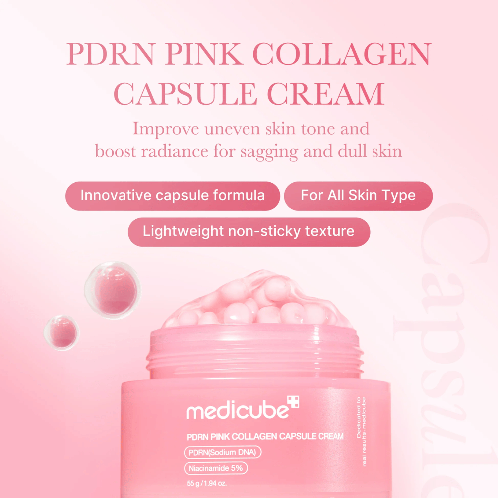Rosa burk med Medicube PDRN Pink Collagen Capsule Cream, omgiven av kapselliknande bubblor och text som lyfter krämens egenskaper för ojämn hudton, lyster och alla hudtyper.