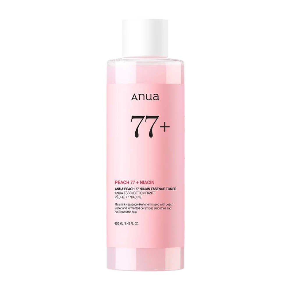 Anua Peach 77 Niacin Essence Toner in a transparent pink bottle with a white cap, containing 250 ml milky toner for an even skin tone and radiance.