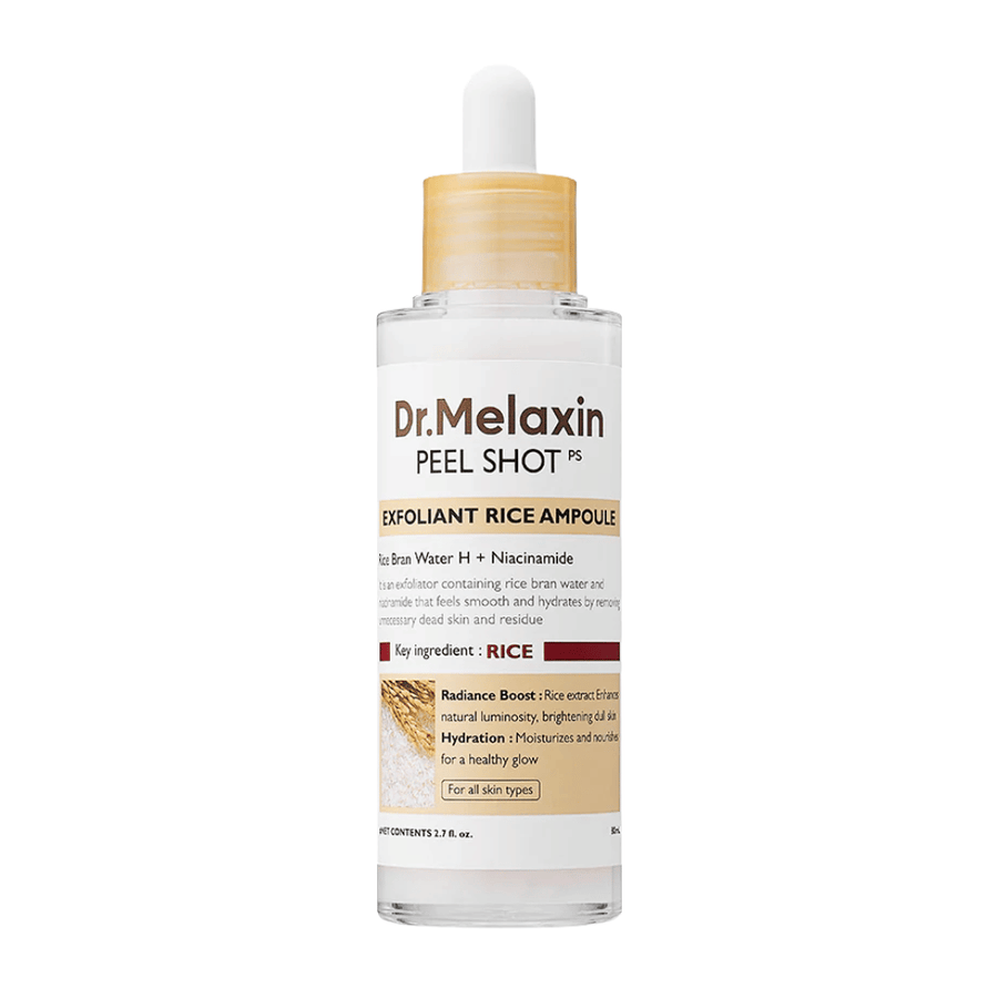 Dr.Melaxin Peel Shot Exfoliant Rice Ampoule in full view against a white background, exfoliating facial serum with rice extract and niacinamide for an even skin tone and increased glow.