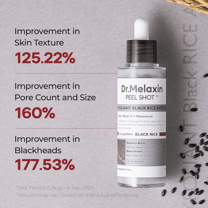 Dr.Melaxin Peel Shot Black Rice Ampoule improves skin texture, reduces pores and diminishes blackheads