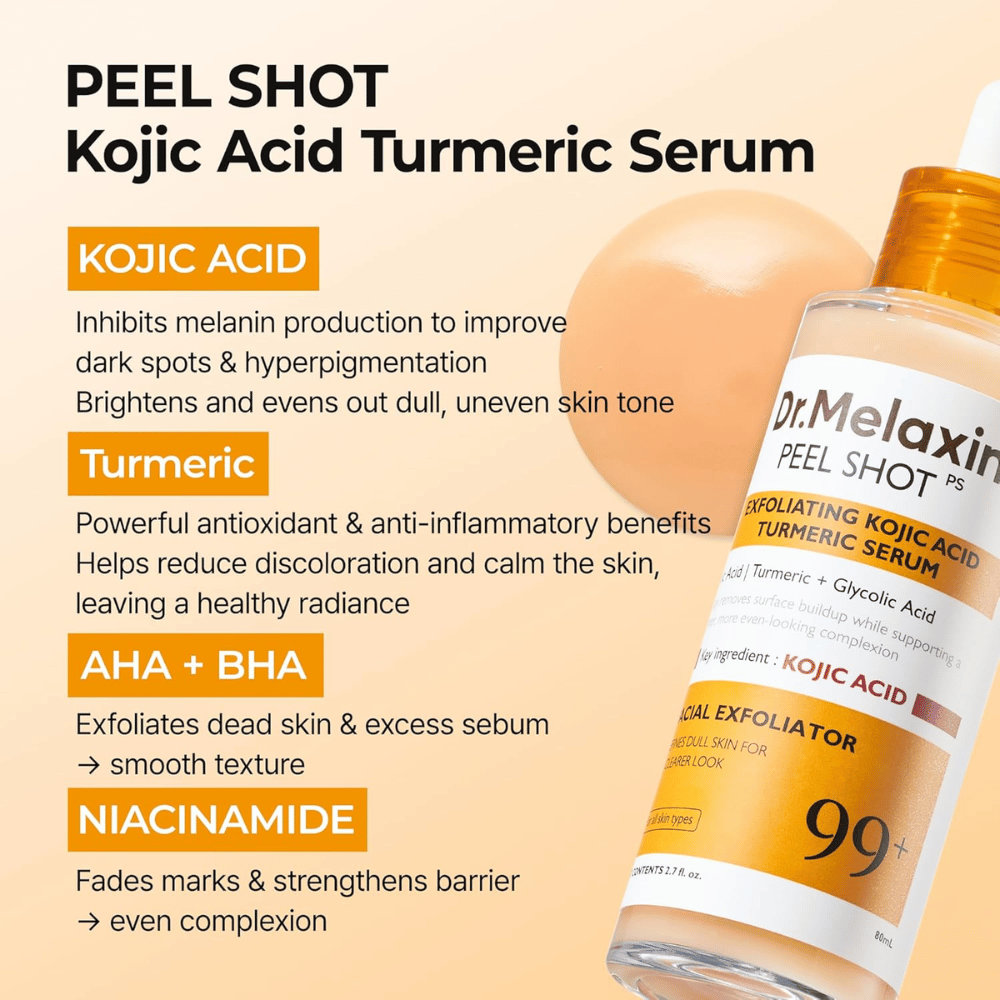 Exfoliating serum with kojic acid and turmeric that is massaged into the skin to reduce hyperpigmentation and provide radiance