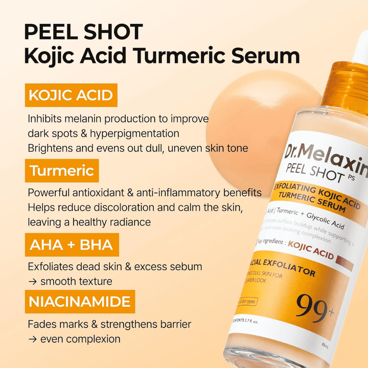 Exfoliating serum with kojic acid and turmeric that is massaged into the skin to reduce hyperpigmentation and provide radiance