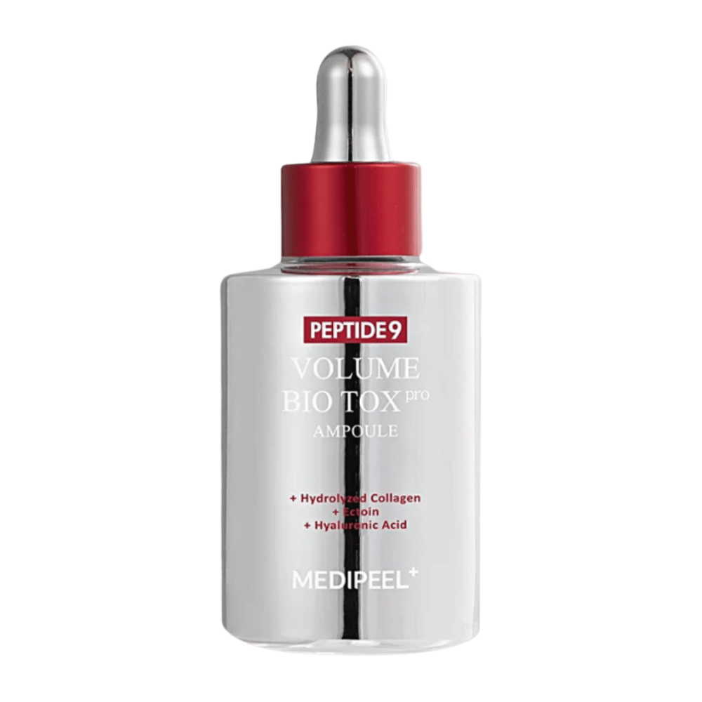 MEDI-PEEL Peptide 9 Volume Bio Tox Pro Ampoule in a silver bottle with a red pipette. An anti-aging serum that provides firmness, volume, and intense hydration.