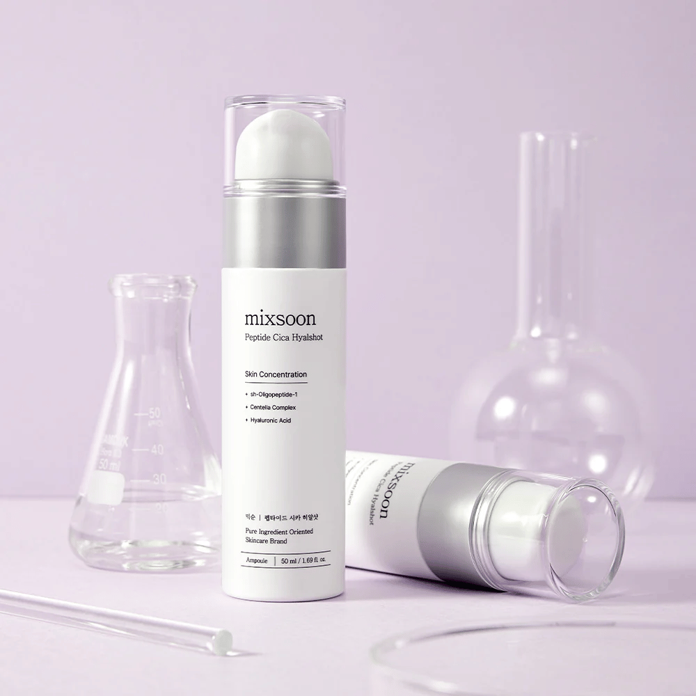 Mixsoon Peptide Cica Hyalshot on a purple background with laboratory glass – a moisturizing and soothing serum with peptides and centella for sensitive skin.