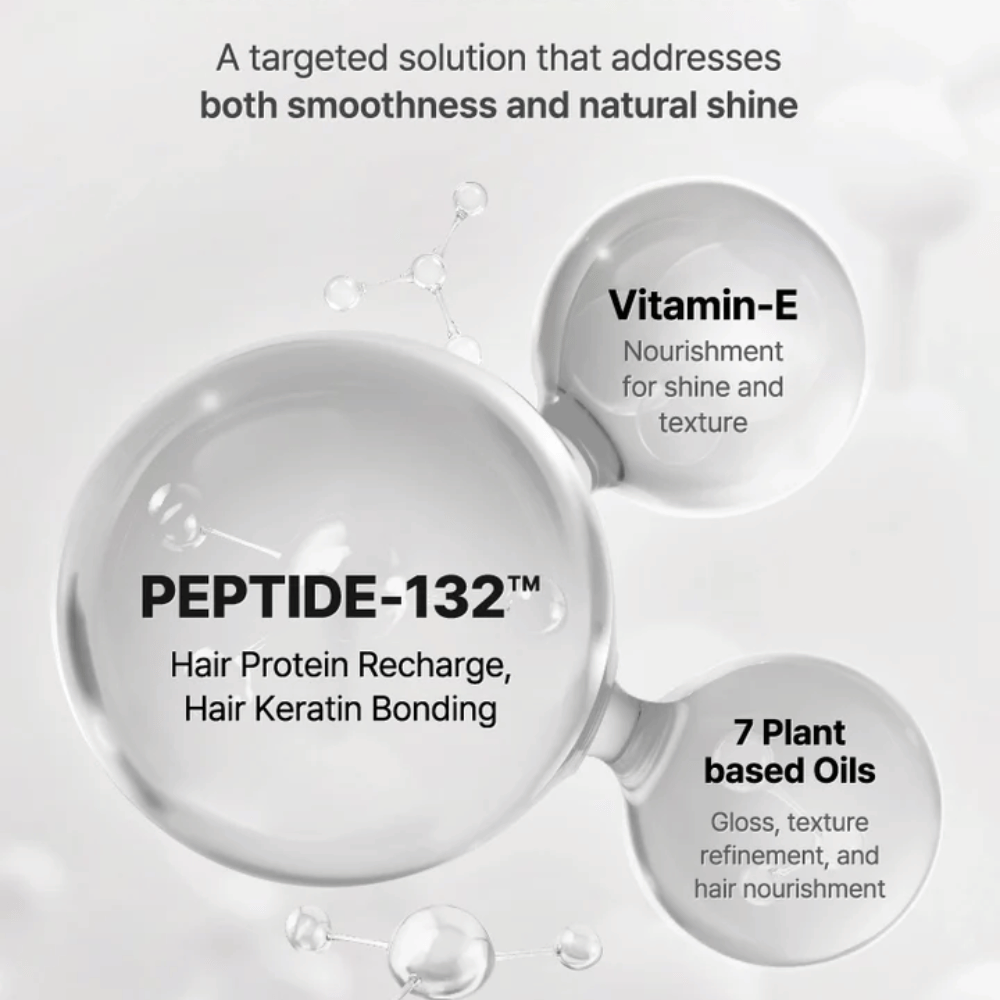 Key ingredients in COSRX Peptide 132 Serum – peptides, vitamin E, and 7 plant-based oils that strengthen and care for the hair.