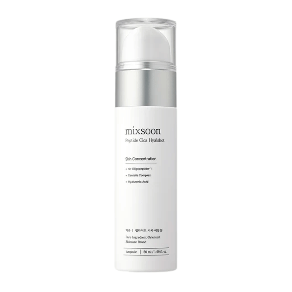 Mixsoon Peptide Cica Hyalshot – moisturizing serum with centella and hyaluronic acid in a sleek white bottle with silver details. Suitable for sensitive skin and helps to strengthen the skin barrier.