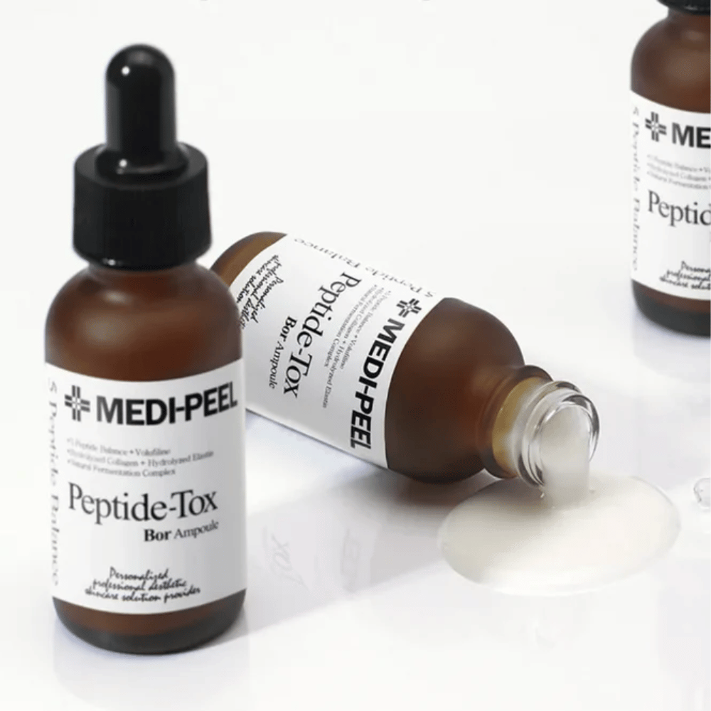 MEDI-PEEL Peptide-Tox Bor Ampoule with visible serum texture – anti-aging serum with peptide complex that provides increased elasticity, plumped skin, and smoother skin texture.