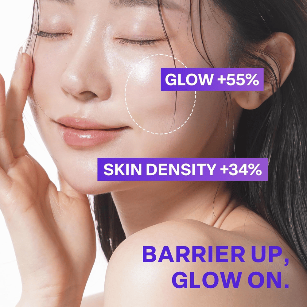 Close-up of a woman with glowing skin after using PURCELL Pixcell Biom Glow Barrier Serum. Skin radiance increases by 55% and density by 34%.