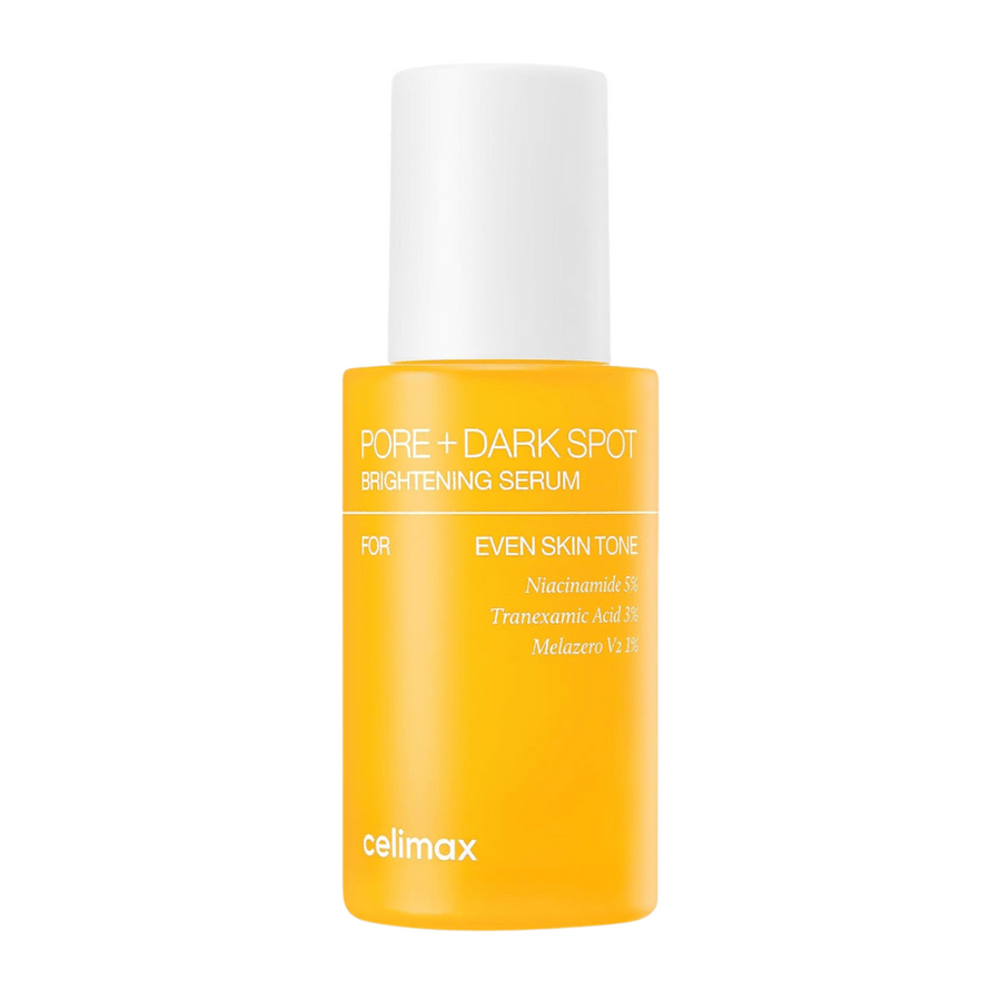Celimax Pore + Dark Spot Brightening Serum i stående gul flaska med vit kork, innehåller niacinamid, tranexaminsyra och Melazero.