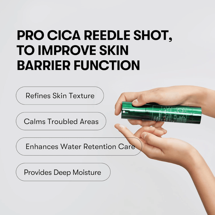 VT Cosmetics Pro Cica Reedle Shot 100 is applied to the skin to improve the skin barrier, soothe sensitive skin, and provide deep hydration