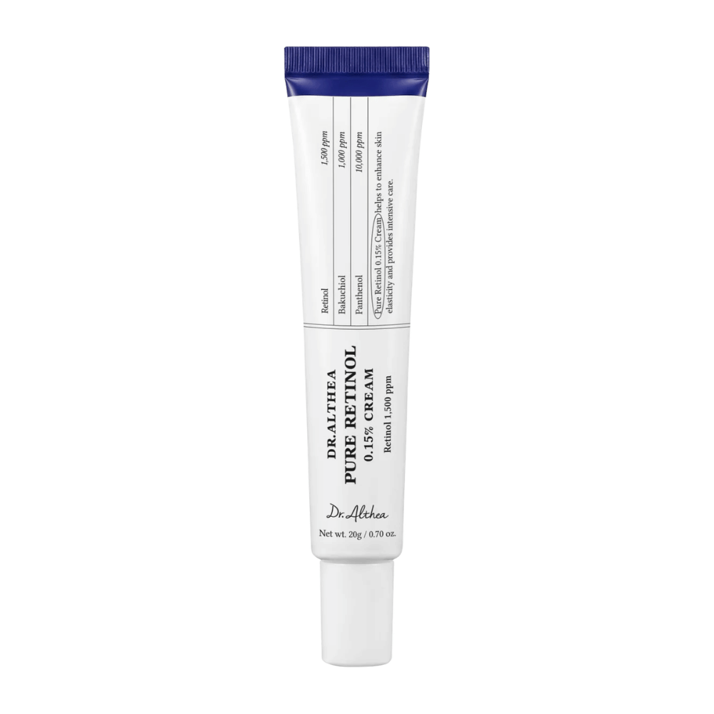 Cut-out product image of Dr. Althea Pure Retinol 0.15% Cream against a white background. The minimalist tube design highlights the product’s clean and clinical appearance while the retinol concentration is clearly communicated on the packaging.