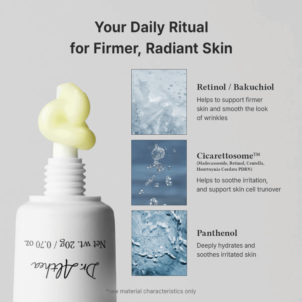 Ingredient image showing some of the product’s key components. Retinol and bakuchiol are presented to support skin firmness and reduce visible signs of aging, while panthenol helps moisturize and soothe the skin. The image also contains the product’s creamy texture.