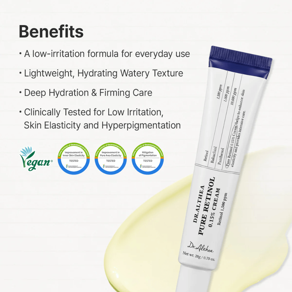 Benefit image presenting the product’s main features. Here, the low-irritation formula, moisturizing texture, firming effect, and clinical tests for skin elasticity and pigmentation are highlighted. Vegan labeling and test results are clearly shown together with the product.