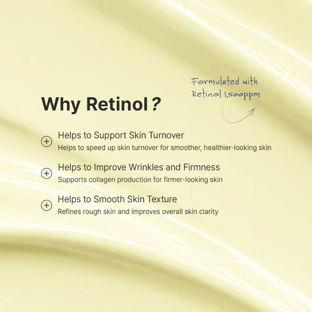 Guide image explaining how retinol should be introduced into the skincare routine. The focus is on using a pea-sized amount, starting 1–2 times per week, and applying in the evening. The image also contains important information about caution during pregnancy, breastfeeding, and possible irritation.
