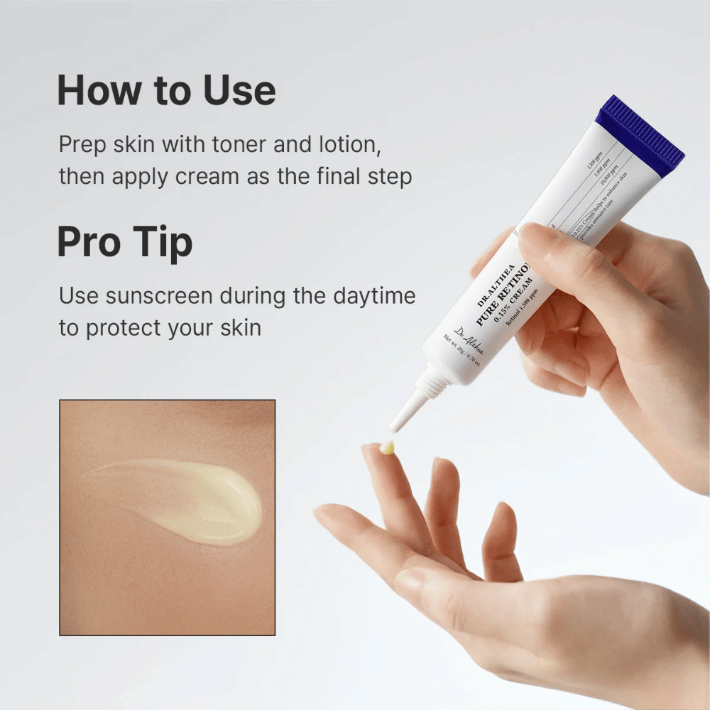 Instruction image showing how Dr. Althea Pure Retinol 0.15% Cream is applied. A hand holds the tube while a small amount of cream is squeezed onto the fingertip. The image also contains a close-up of the light yellow, creamy texture and recommends daytime sun protection when using retinol.