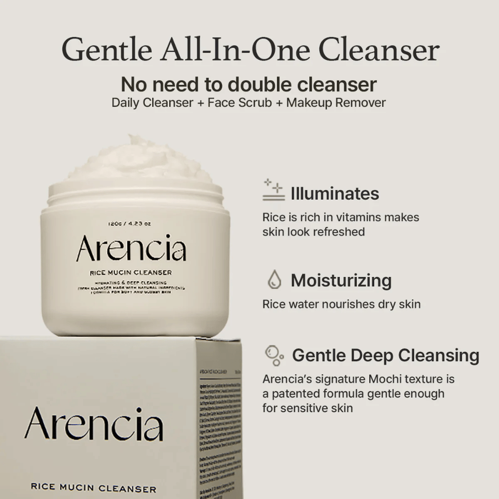 Arencia Rice Mucin Cleanser displayed alongside packaging. The text highlights three Benefits: radiance-boosting with rice vitamins, hydrating with rice water, and gentle deep cleansing with Mochi texture – all in one product.