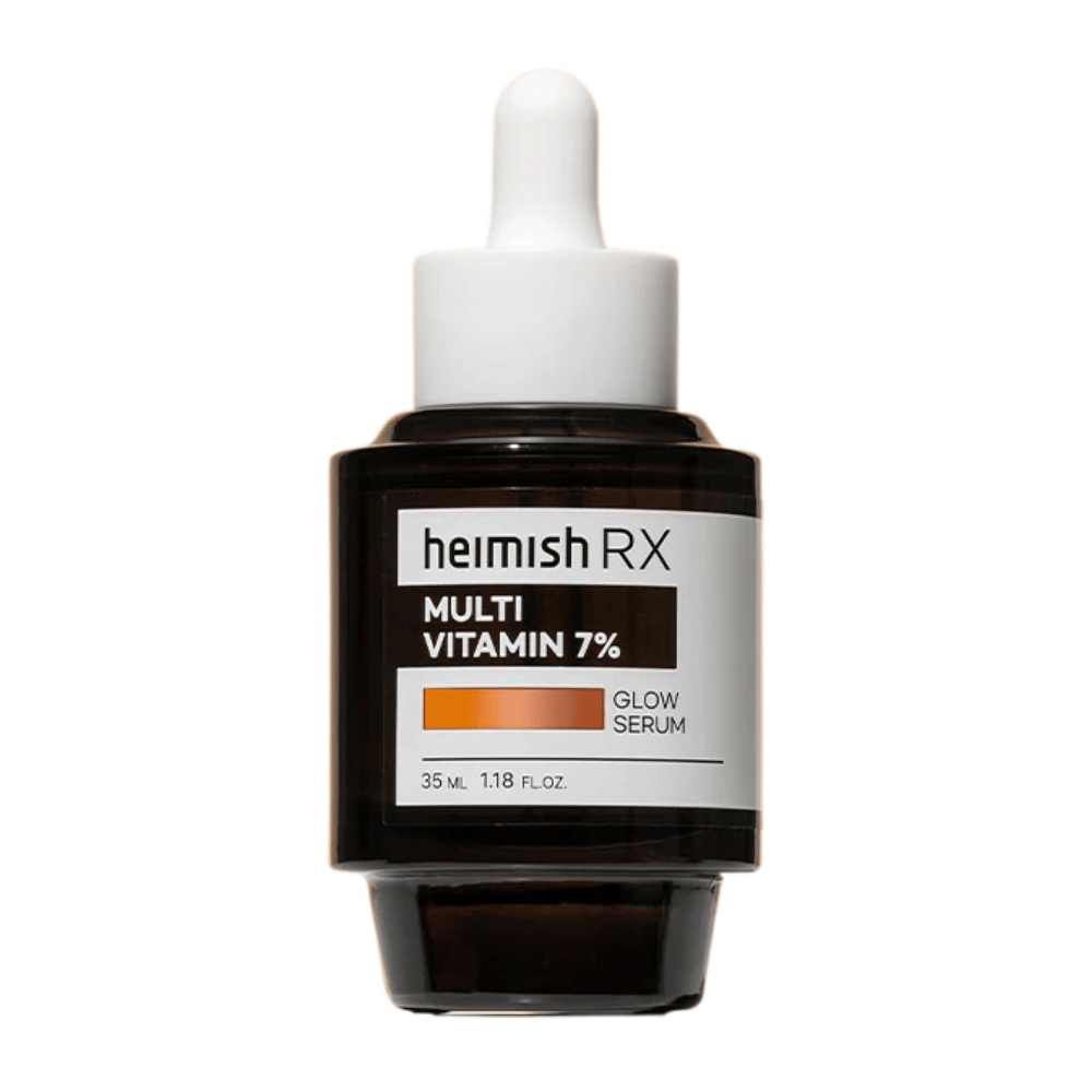 Heimish RX Multi Vitamin 7% Glow Serum in a dark glass bottle with a dropper cap, designed to give radiance and nourishment to the skin.