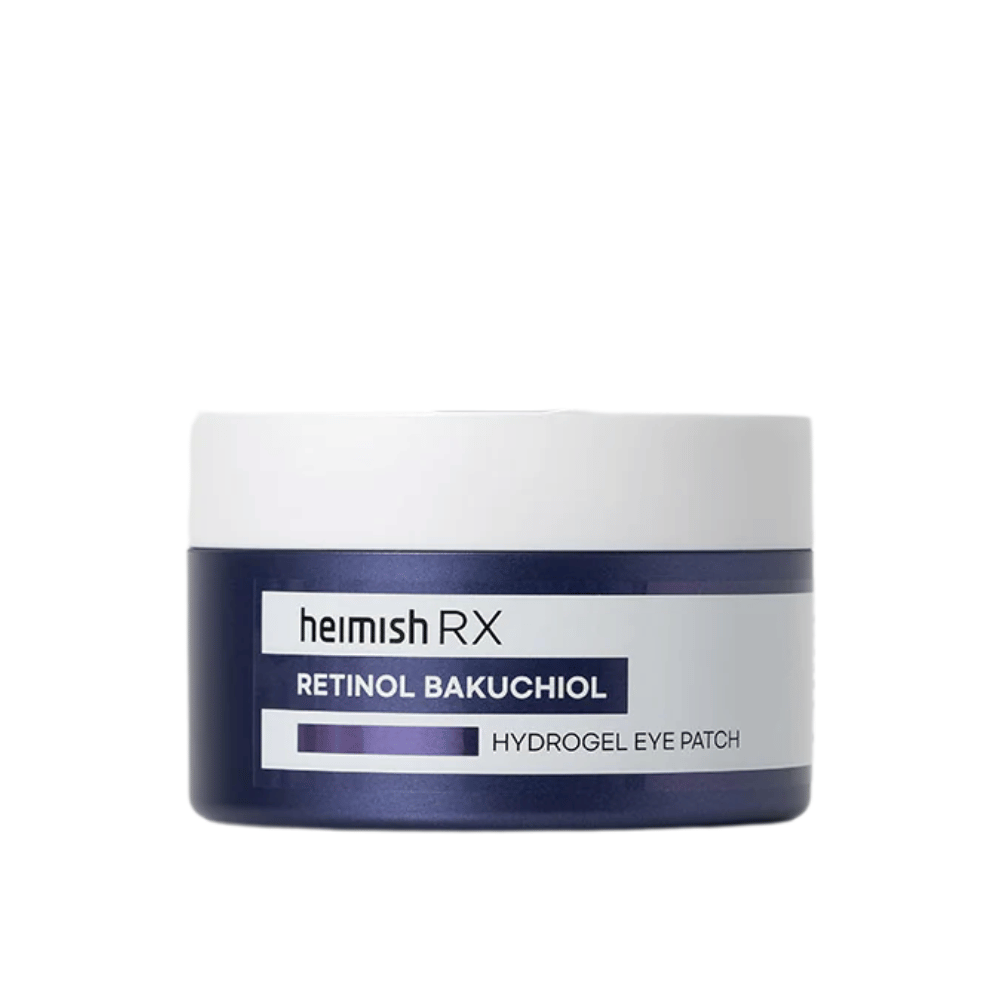 Heimish RX Retinol Bakuchiol Hydrogel Eye Patch in a dark blue jar with a white lid. Intensely moisturizing and firming eye patches for a more youthful look.