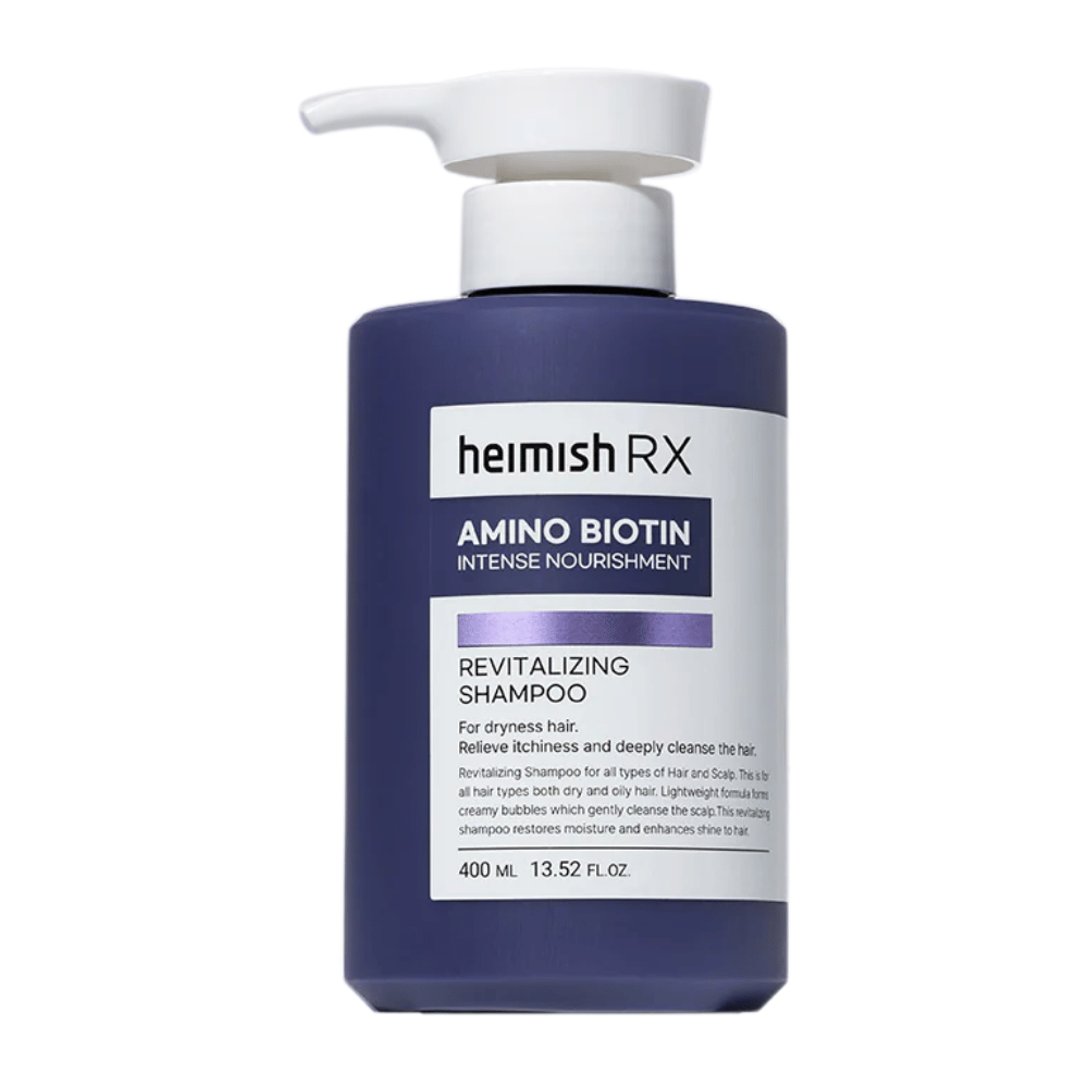 Heimish RX Amino Biotin Revitalizing Shampoo 400 ml – nourishing shampoo for dry and lifeless hair, with biotin and amino acids to strengthen and moisturize hair and scalp.