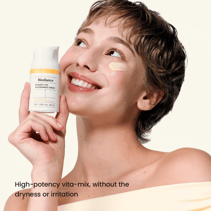 Model with Biodance niacinamide cream applied for even skin tone and glow