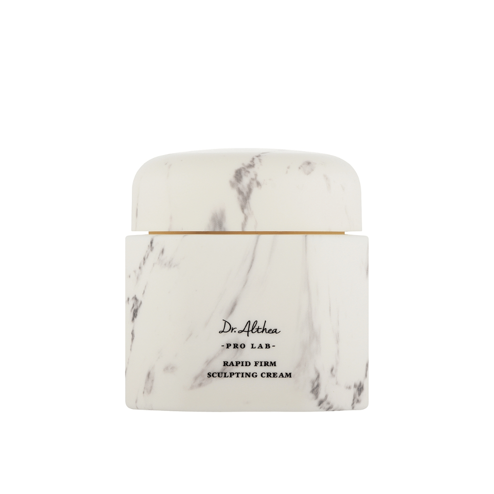 Dr. Althea Pro Lab Rapid Firm Sculpting Cream in a sleek marbled jar. A luxurious face cream that tightens and moisturizes the skin, focusing on providing lift and support for a youthful glow.