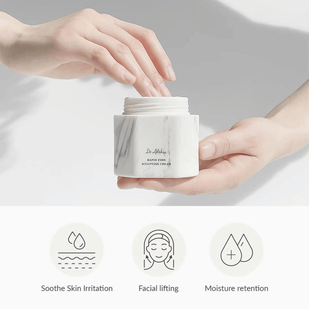 Dr. Althea Rapid Firm Sculpting Cream in an elegant marble packaging. The product offers benefits such as soothing skin irritation, providing a facelift, and retaining moisture. Perfect for strengthening and lifting the skin.