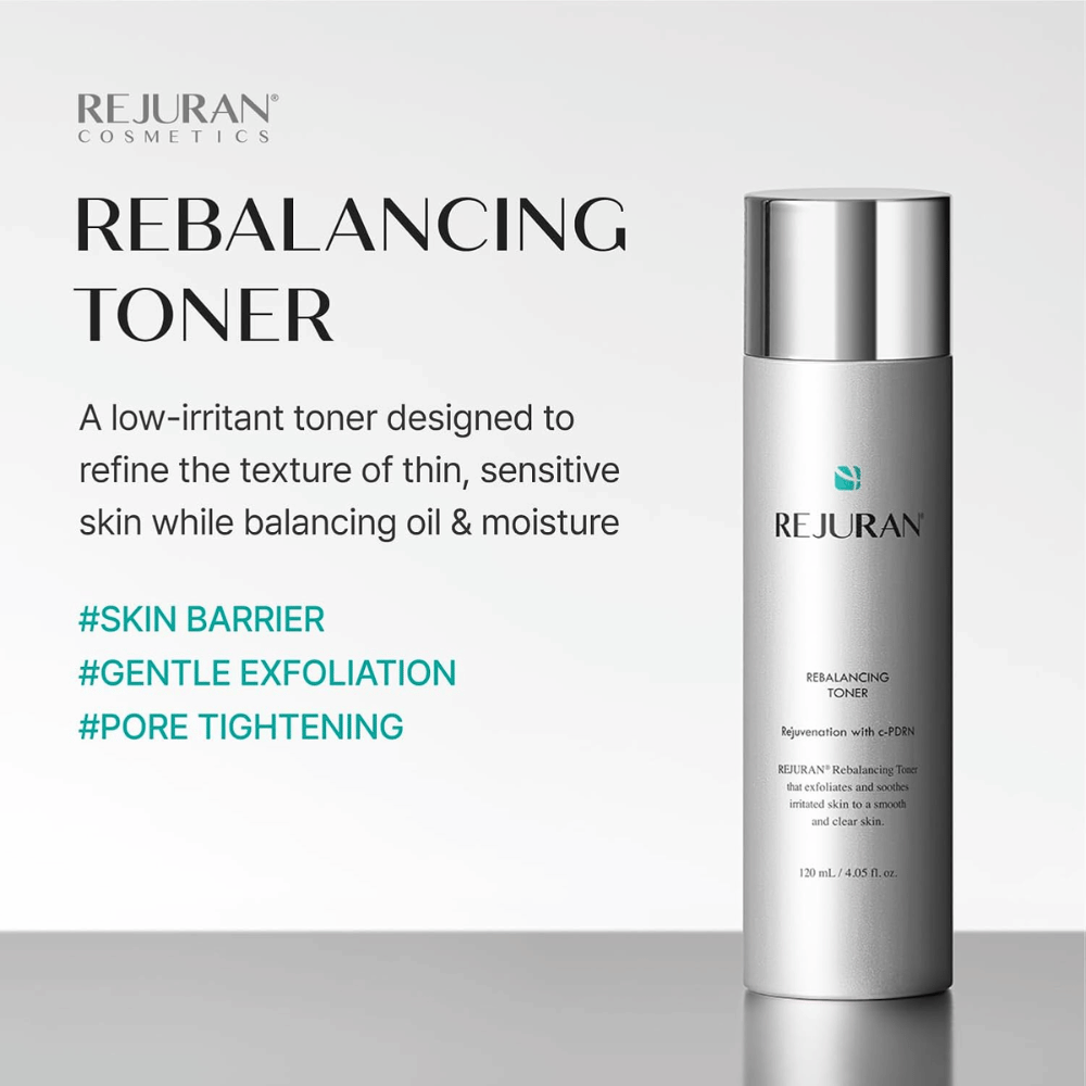 Rejuran Rebalancing Toner 120 ml, mildly exfoliating facial toner with C-PDRN for sensitive skin. Silver-colored bottle with product benefits.